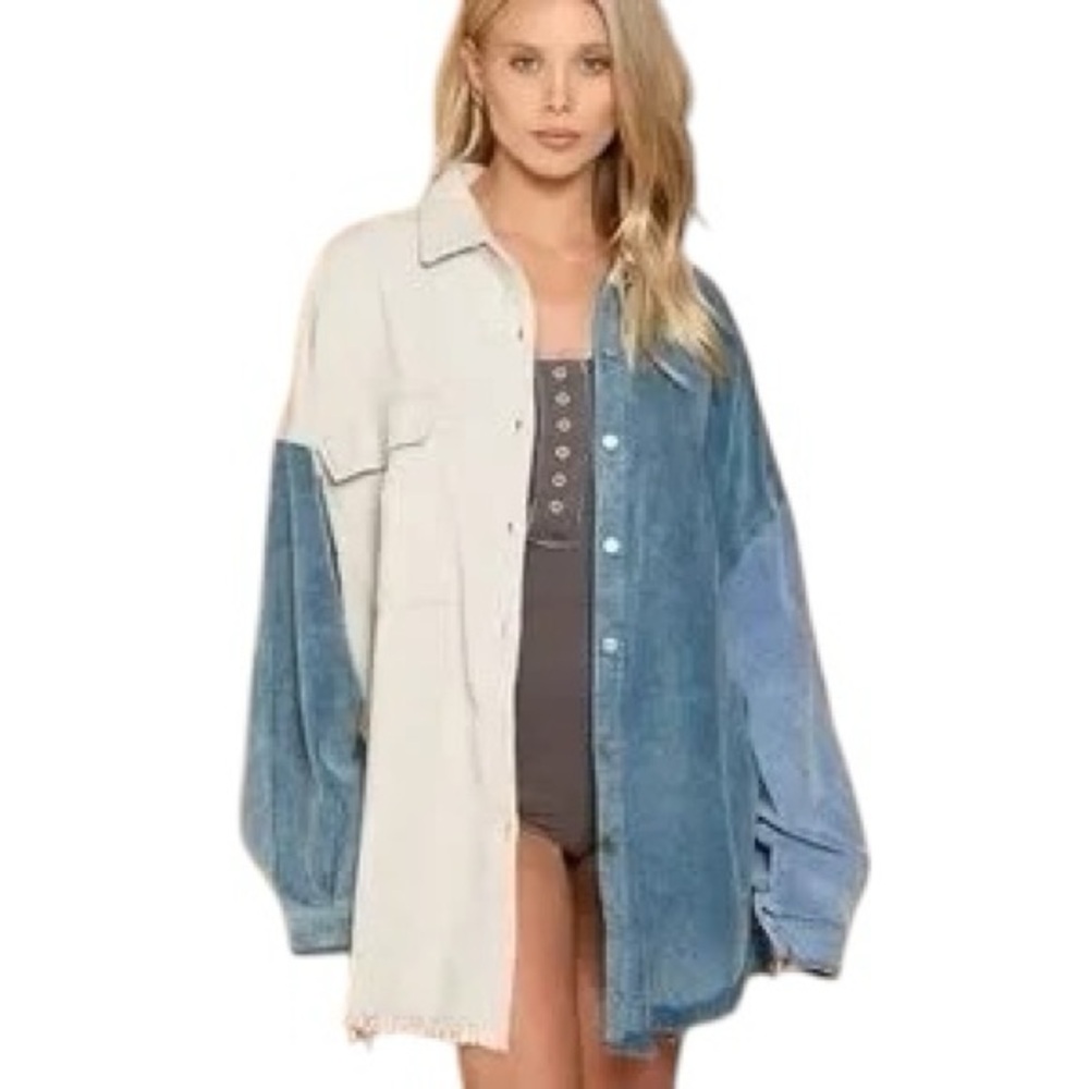 POL Two-Tone Button-Down Shirt Jacket in Cream and Blue Denim